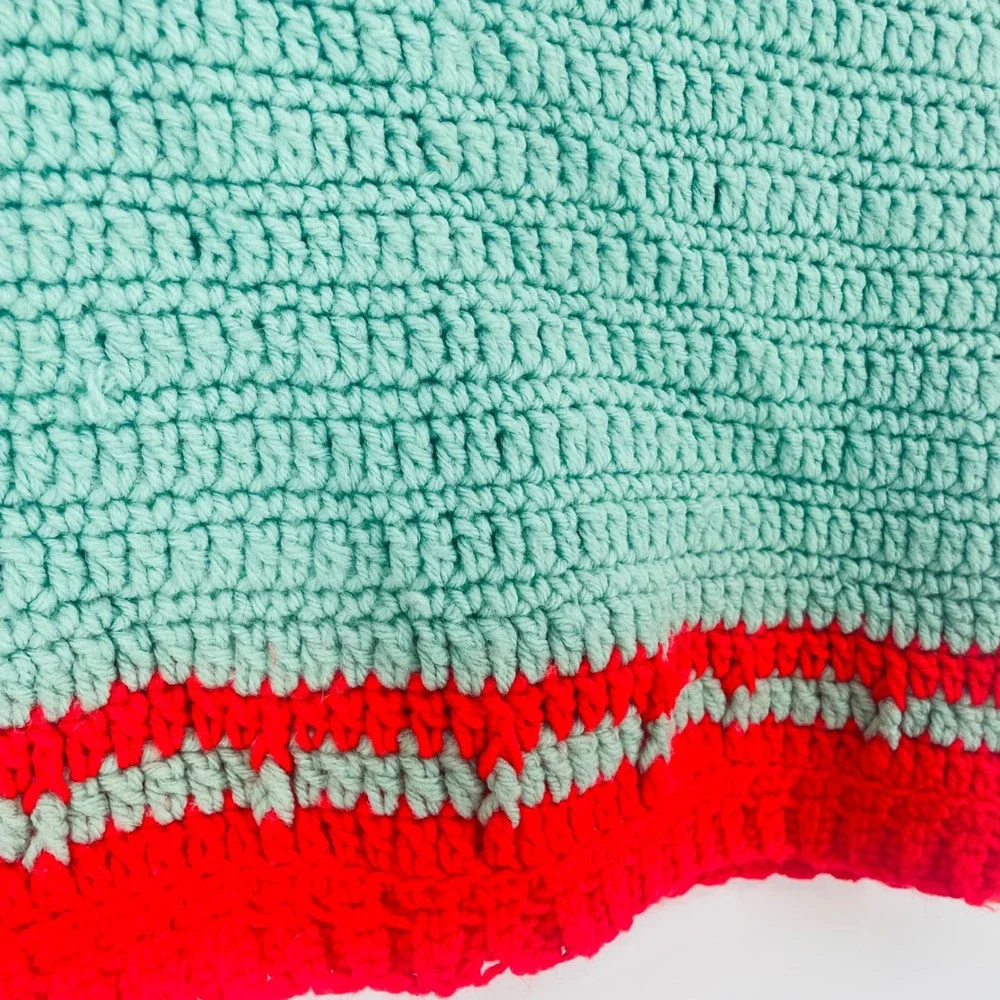 Handmade‎ Crochet Crop Top Mint Green Red Boho Festival Sleeveless Boat Neck